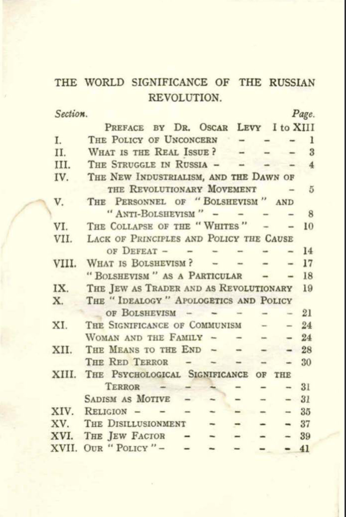Contents of The World Significance of the Russian Revolution (1920) by George Pitt-Rivers